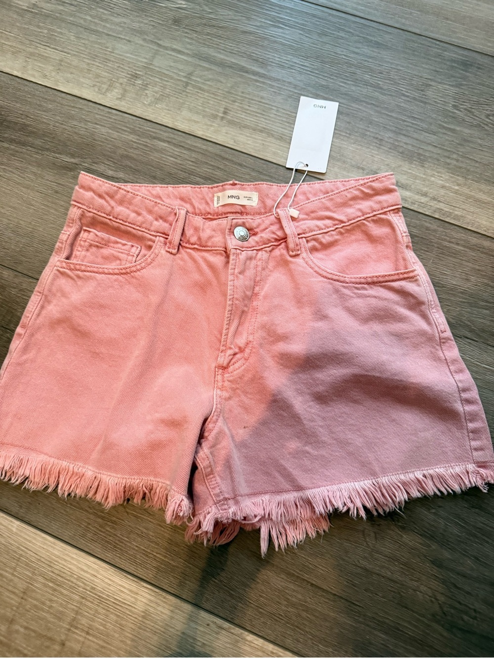 Mango Soft Pink Frayed Denim Shorts